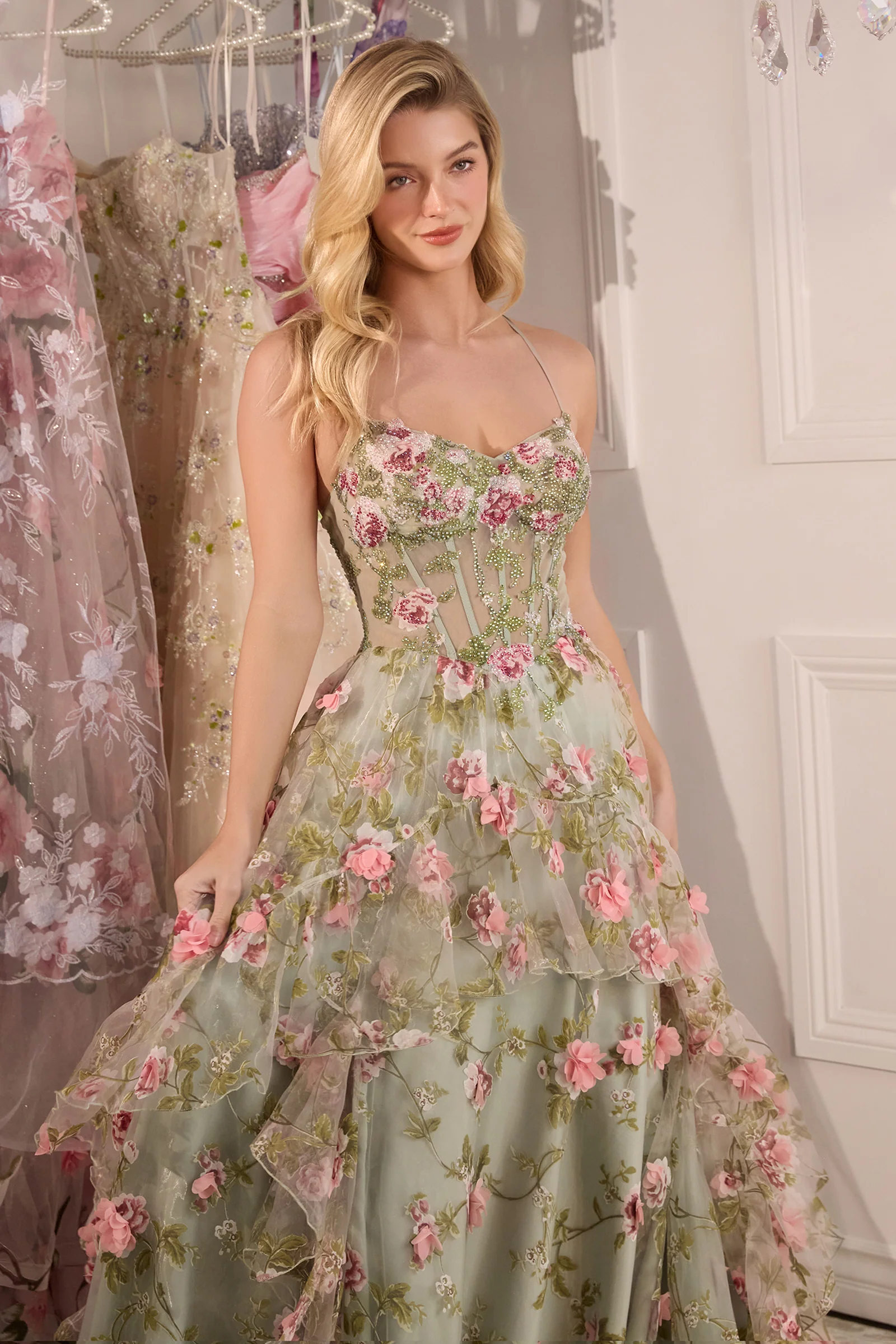 A1420 - SAGE FLORAL PRINT CORSET A-LINE DRESS - Andrea & Leo - Image 3
