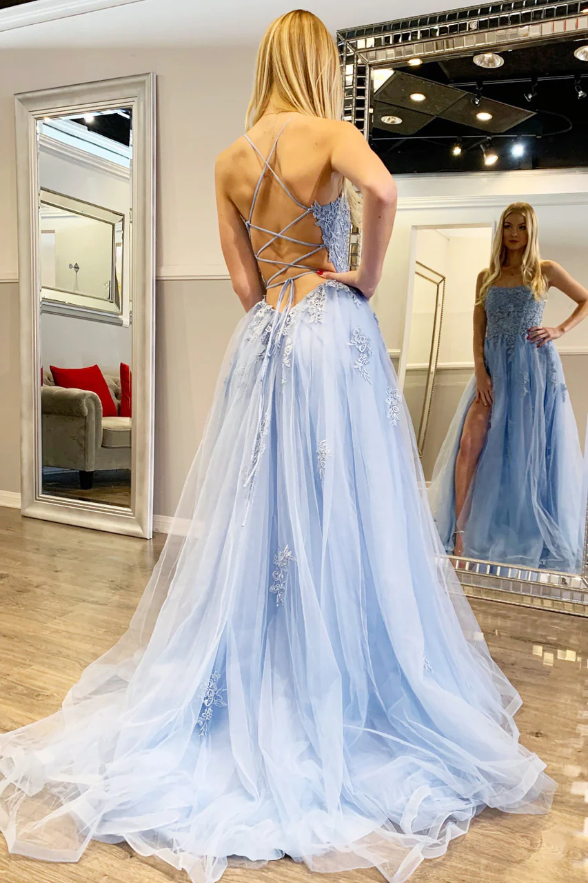 Alisha Gown - Light Blue - Tulle A-line Dress With Open Back - Image 3