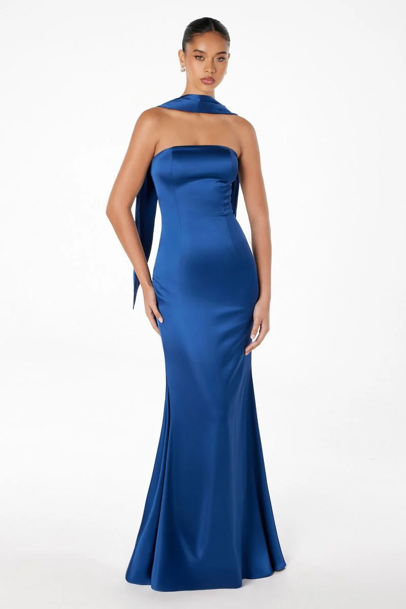 Brynn Maxi Dress - Strapless Fitted Satin Dress With Scarf - Image 20