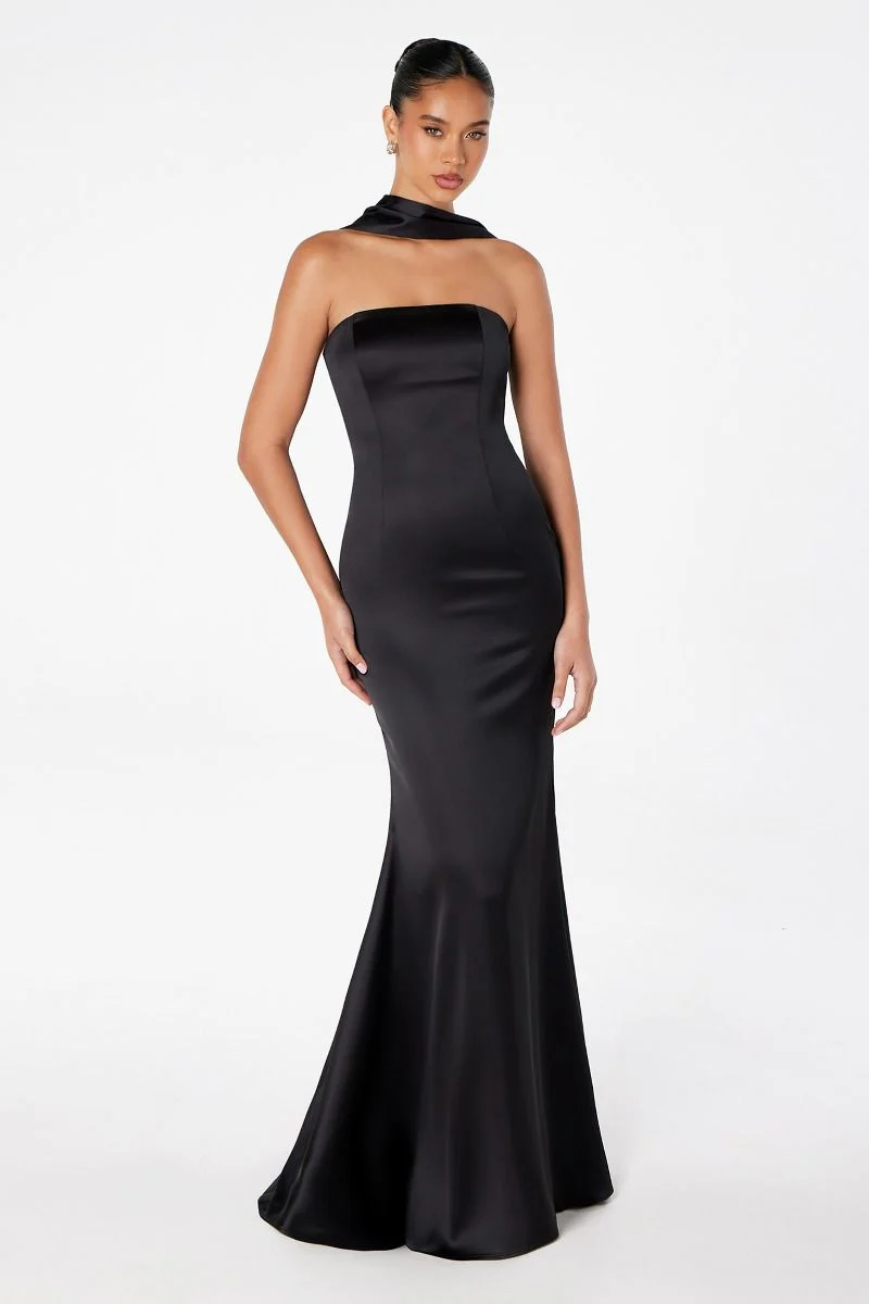 Brynn Maxi Dress - Strapless Fitted Satin Dress With Scarf - Image 23