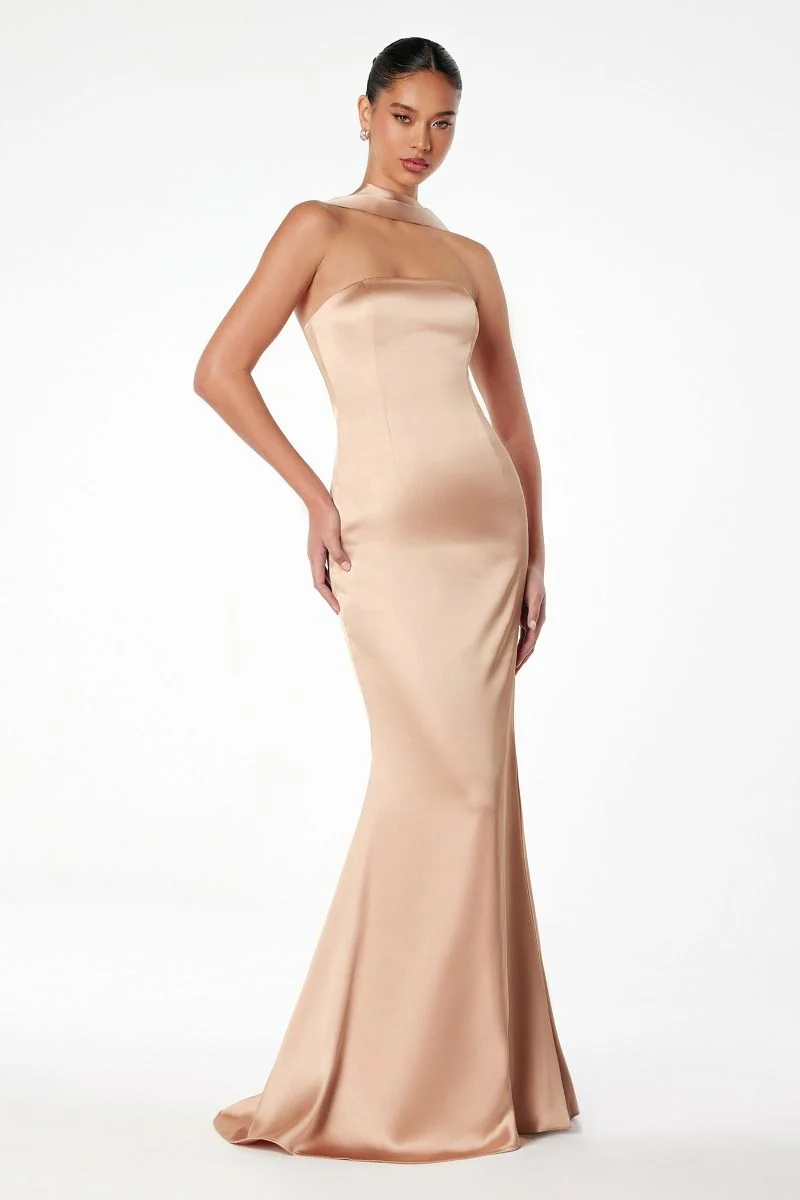 Brynn Maxi Dress - Strapless Fitted Satin Dress With Scarf - Image 5
