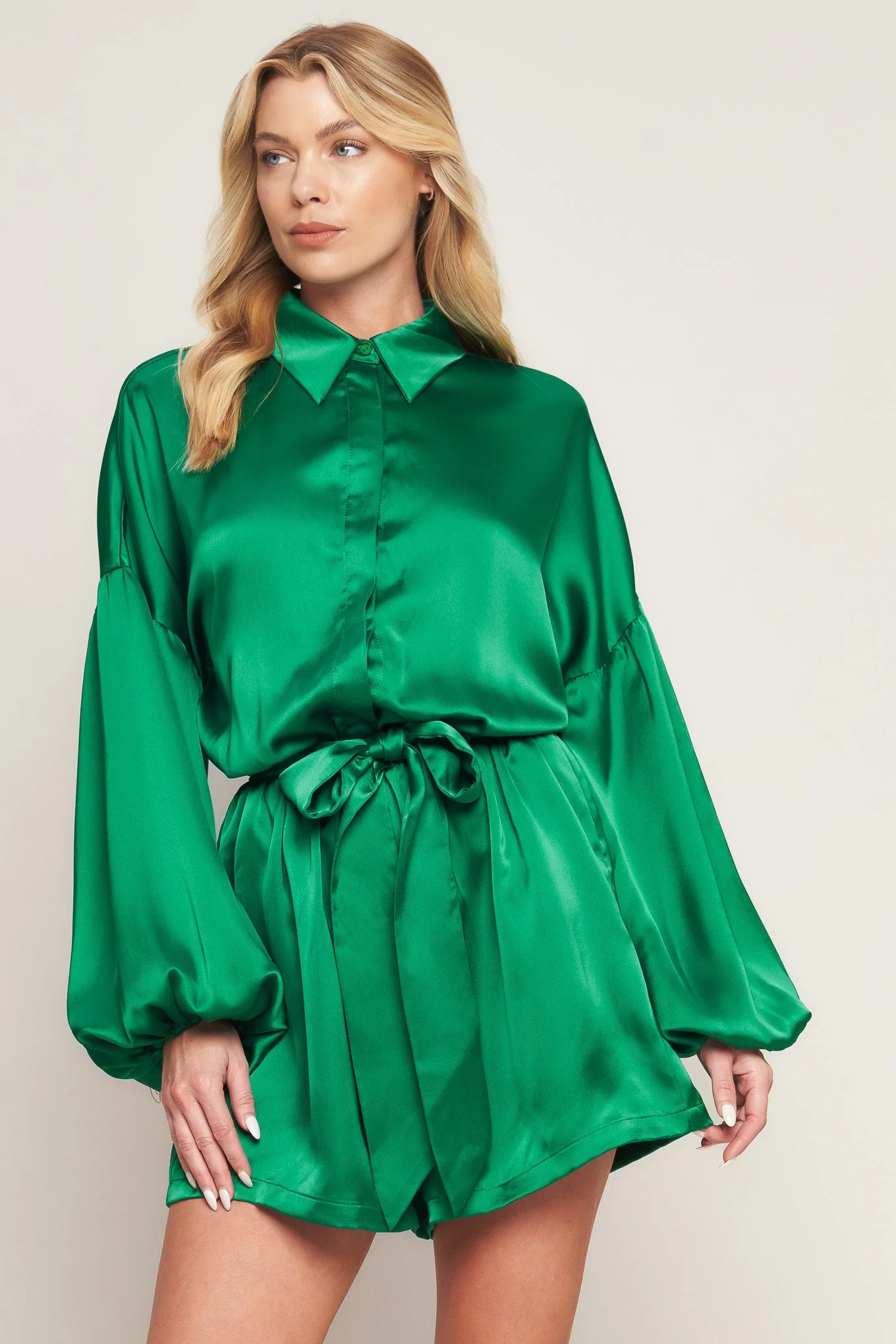 CELEBRATION TIME GREEN SATIN ROMPER WITH LONG SLEEVES - Image 3