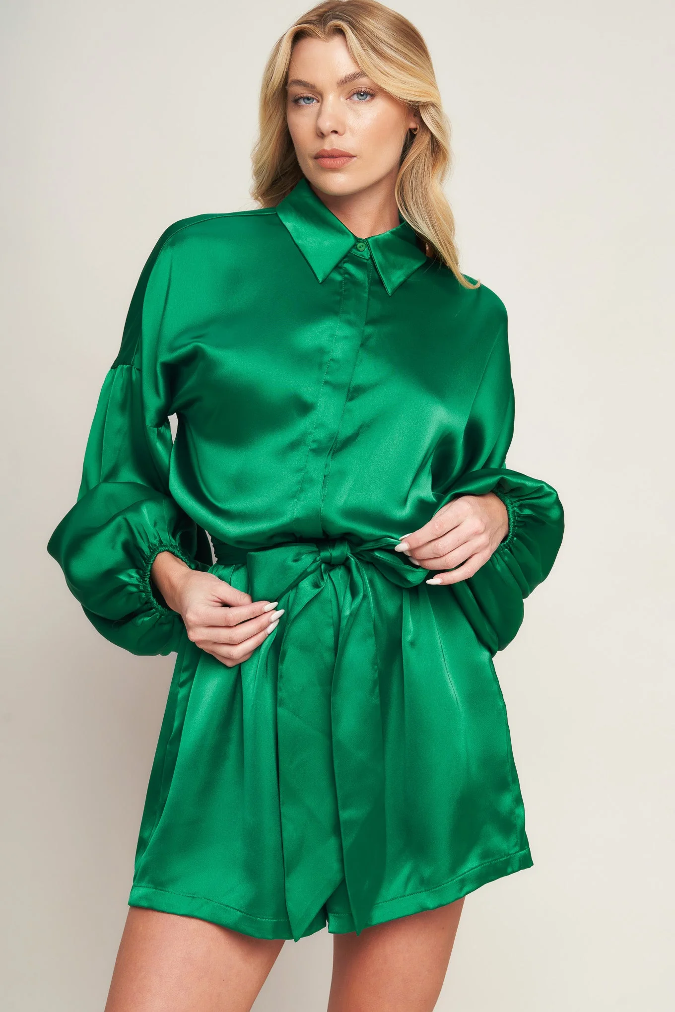 CELEBRATION TIME GREEN SATIN ROMPER WITH LONG SLEEVES - Image 4