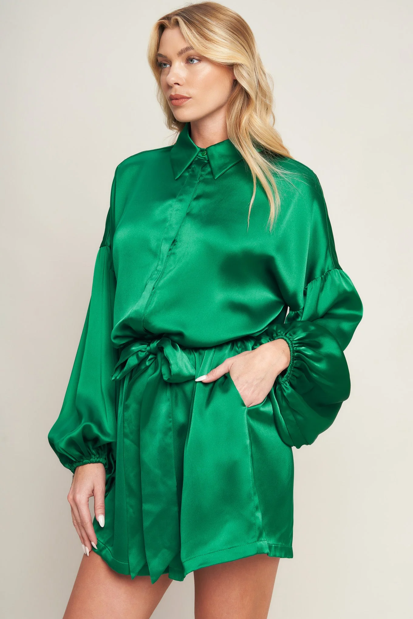 CELEBRATION TIME GREEN SATIN ROMPER WITH LONG SLEEVES - Image 5