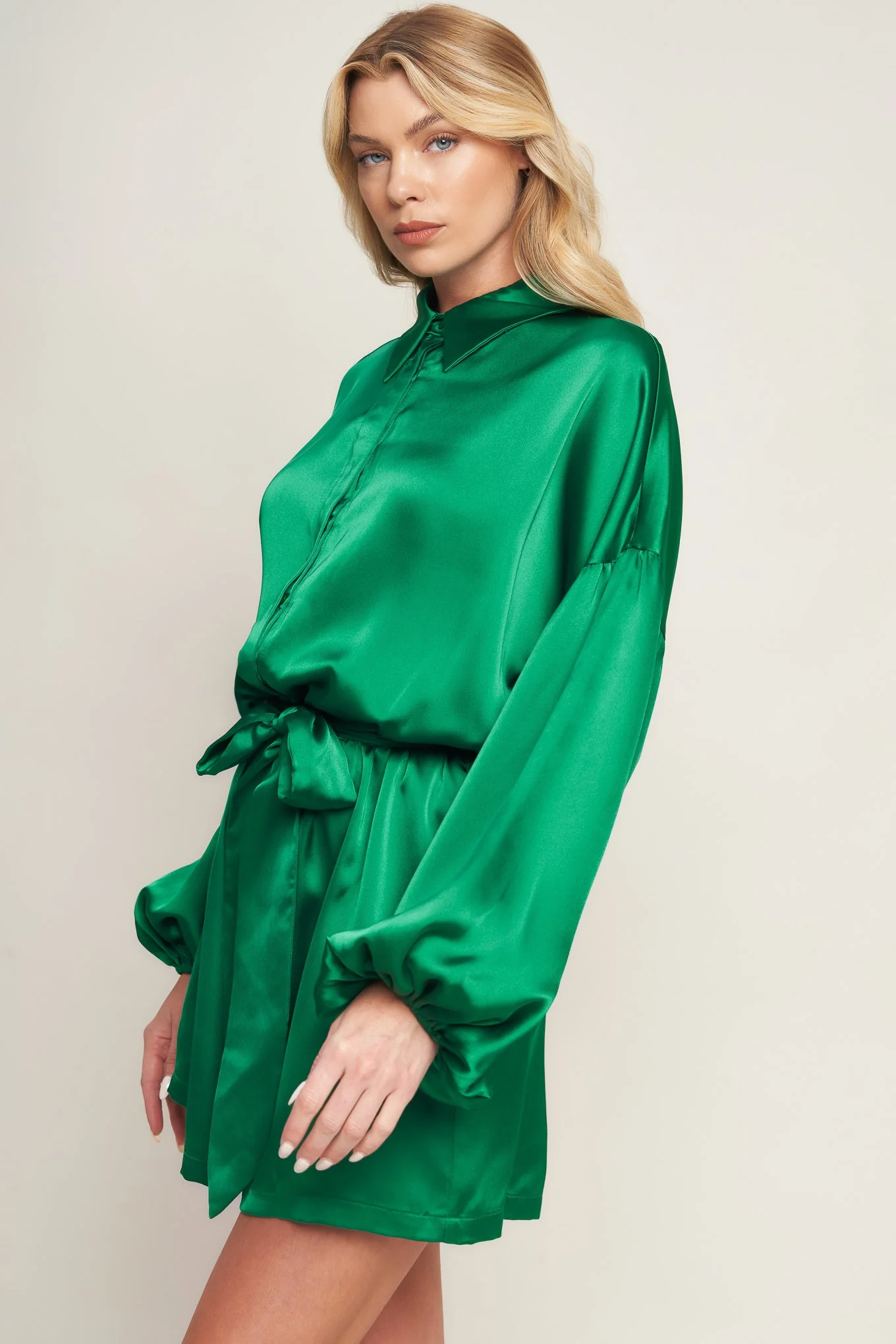 CELEBRATION TIME GREEN SATIN ROMPER WITH LONG SLEEVES - Image 6