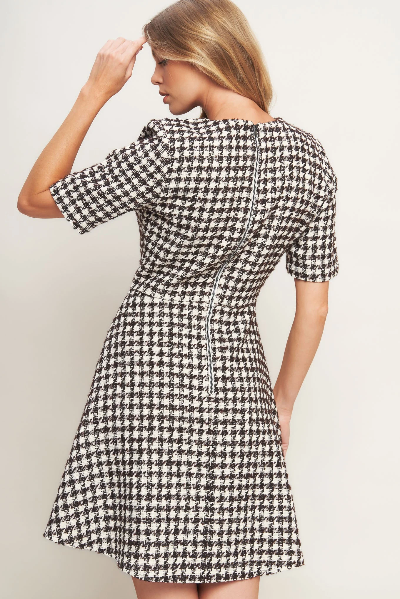 ELEGANT CHECK BROWN TWEED MINI DRESS - Image 3