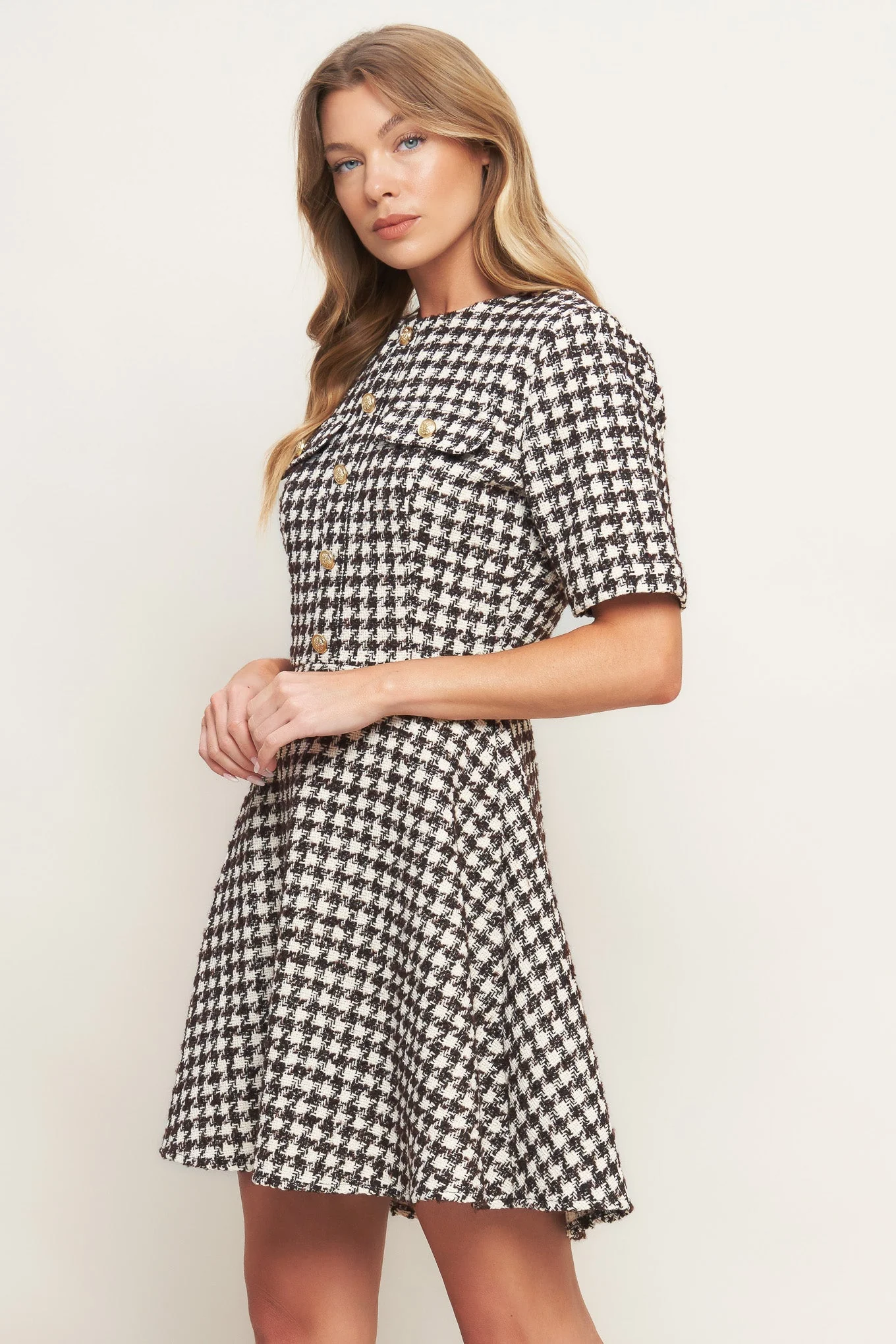 ELEGANT CHECK BROWN TWEED MINI DRESS - Image 4
