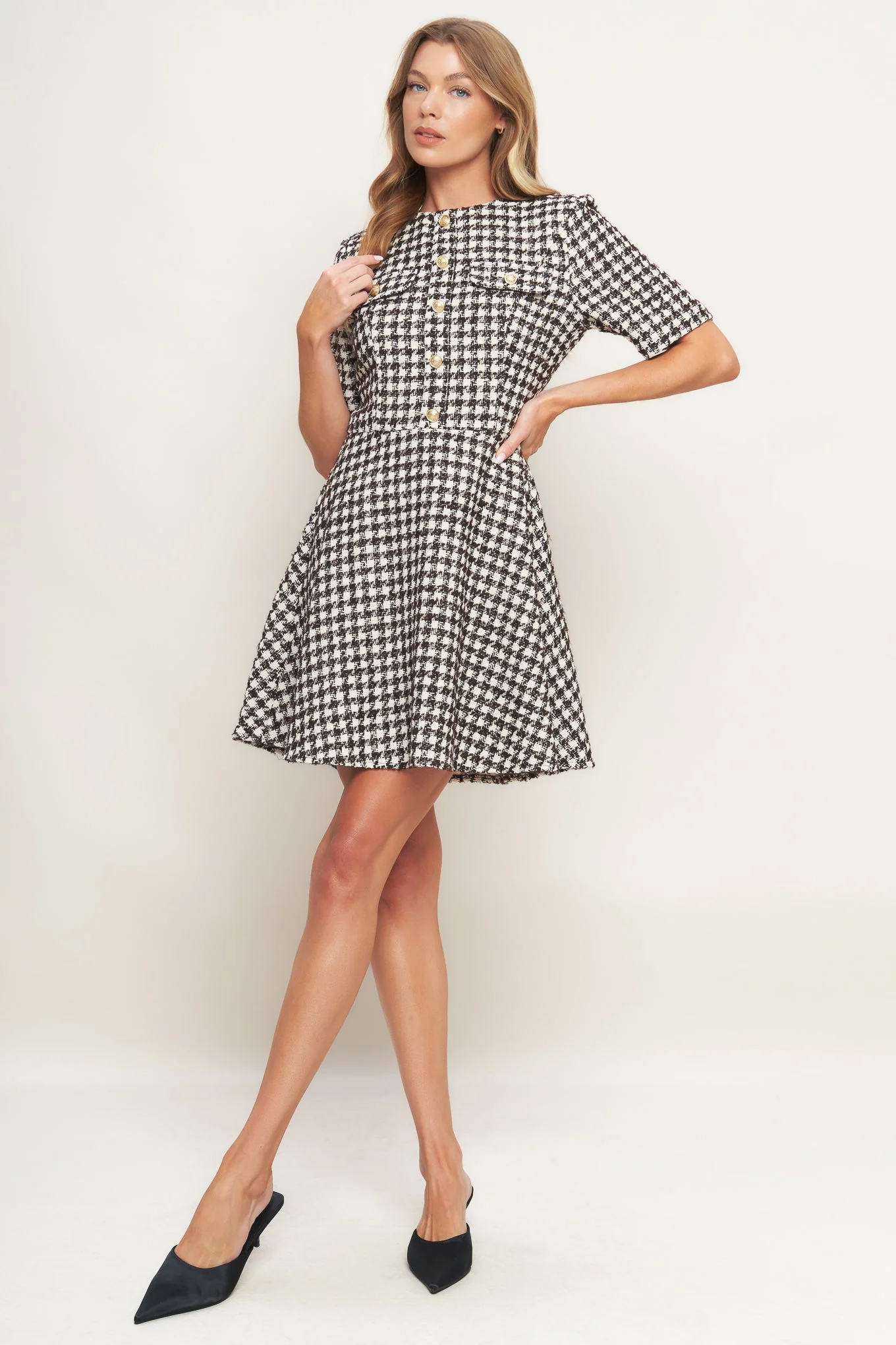 ELEGANT CHECK BROWN TWEED MINI DRESS - Image 5