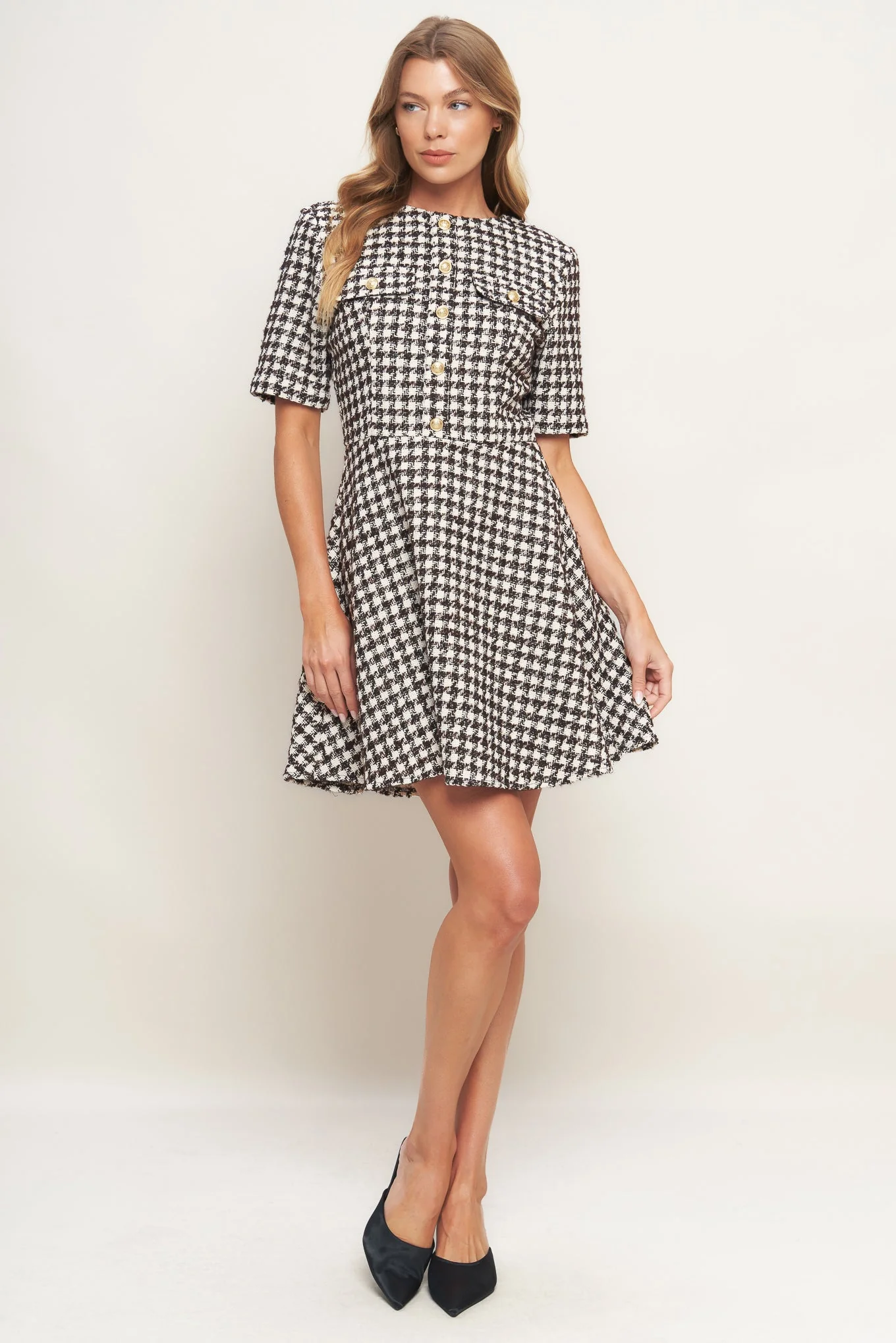 ELEGANT CHECK BROWN TWEED MINI DRESS - Image 6