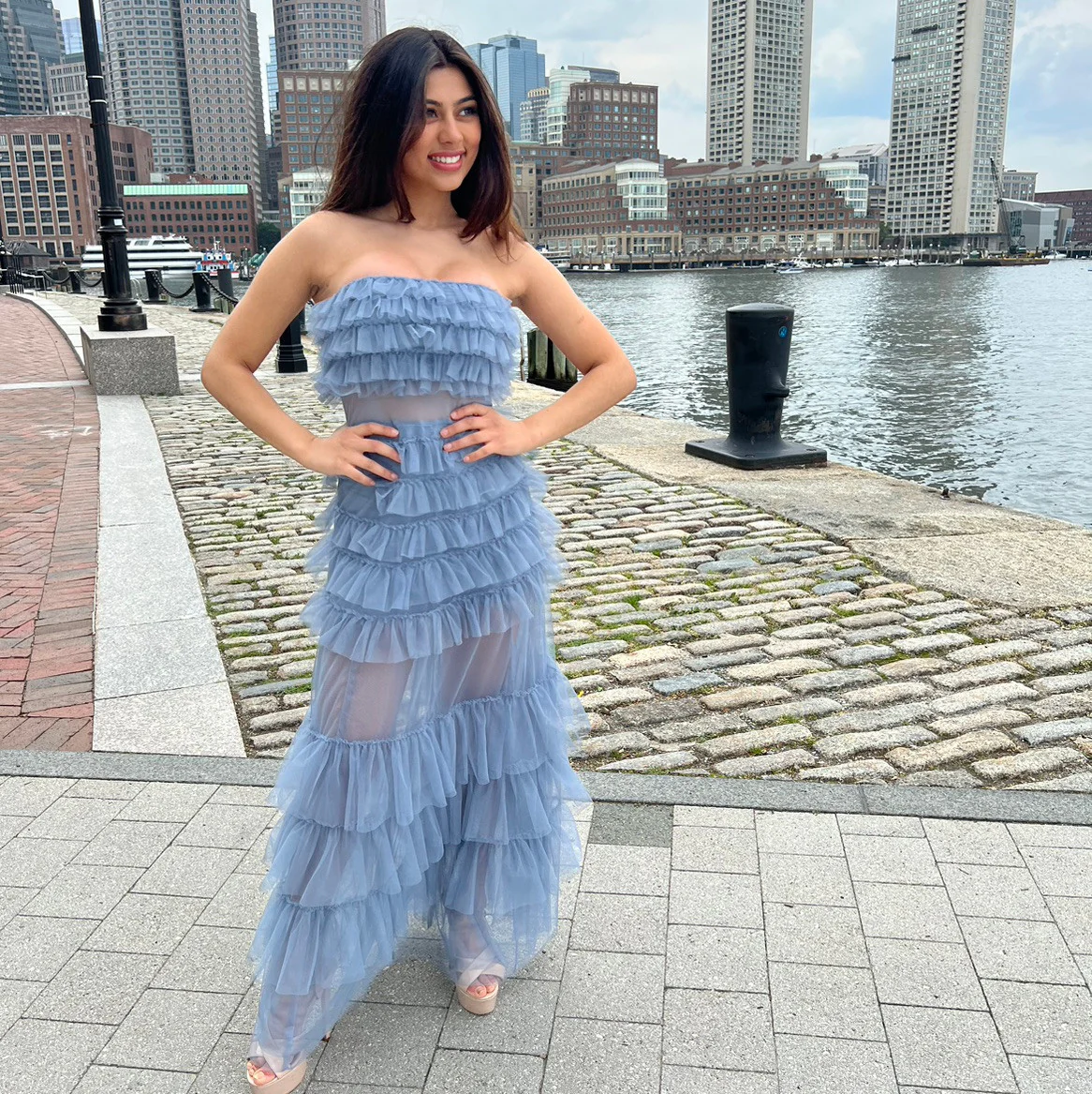 Georgia Maxi Dress - Smoky Blue - Ruffle Tulle Dress With Sheer Detail - Image 3