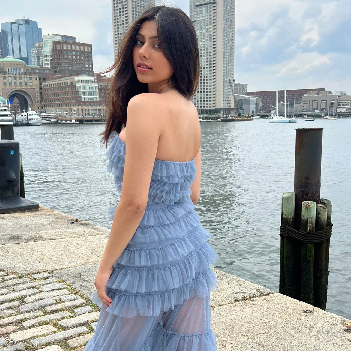 Georgia Maxi Dress - Smoky Blue - Ruffle Tulle Dress With Sheer Detail - Image 6