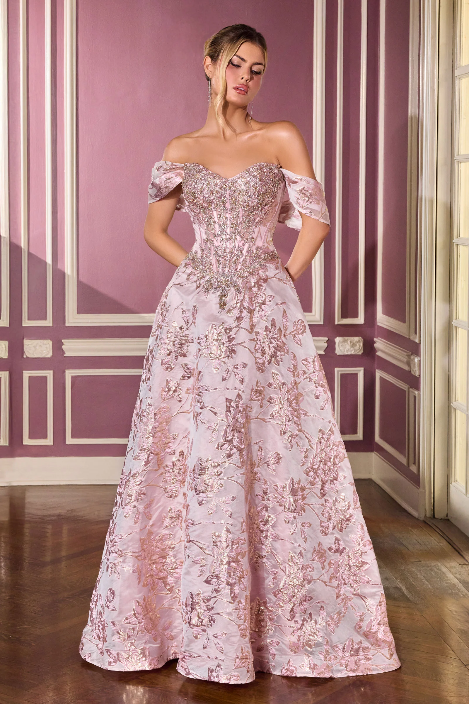 Glenna Gown - Off The Shoulder Floral Ball Gown - Image 3