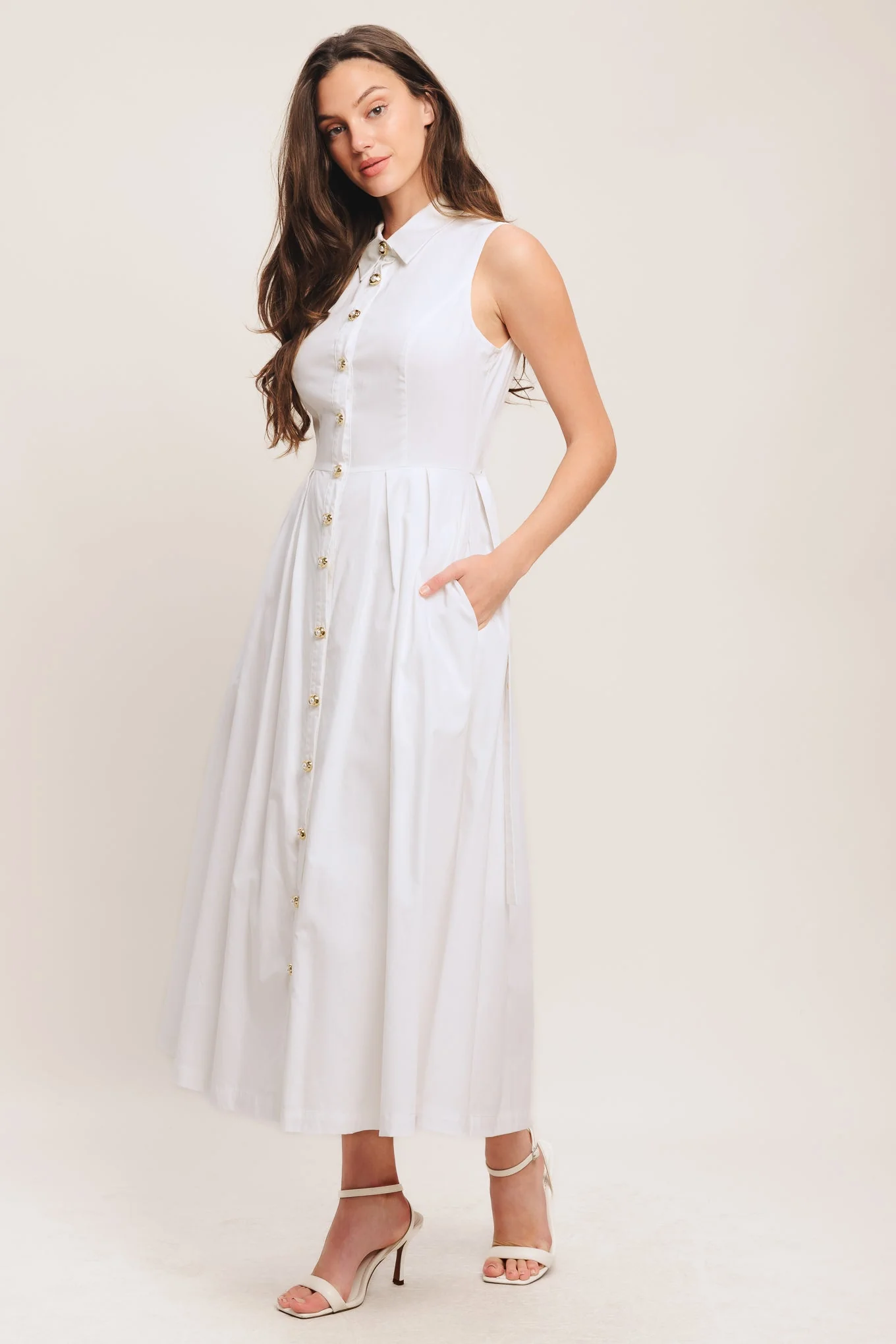 PEARL BUTTON DOWN WHITE MIDI DRESS - Image 4