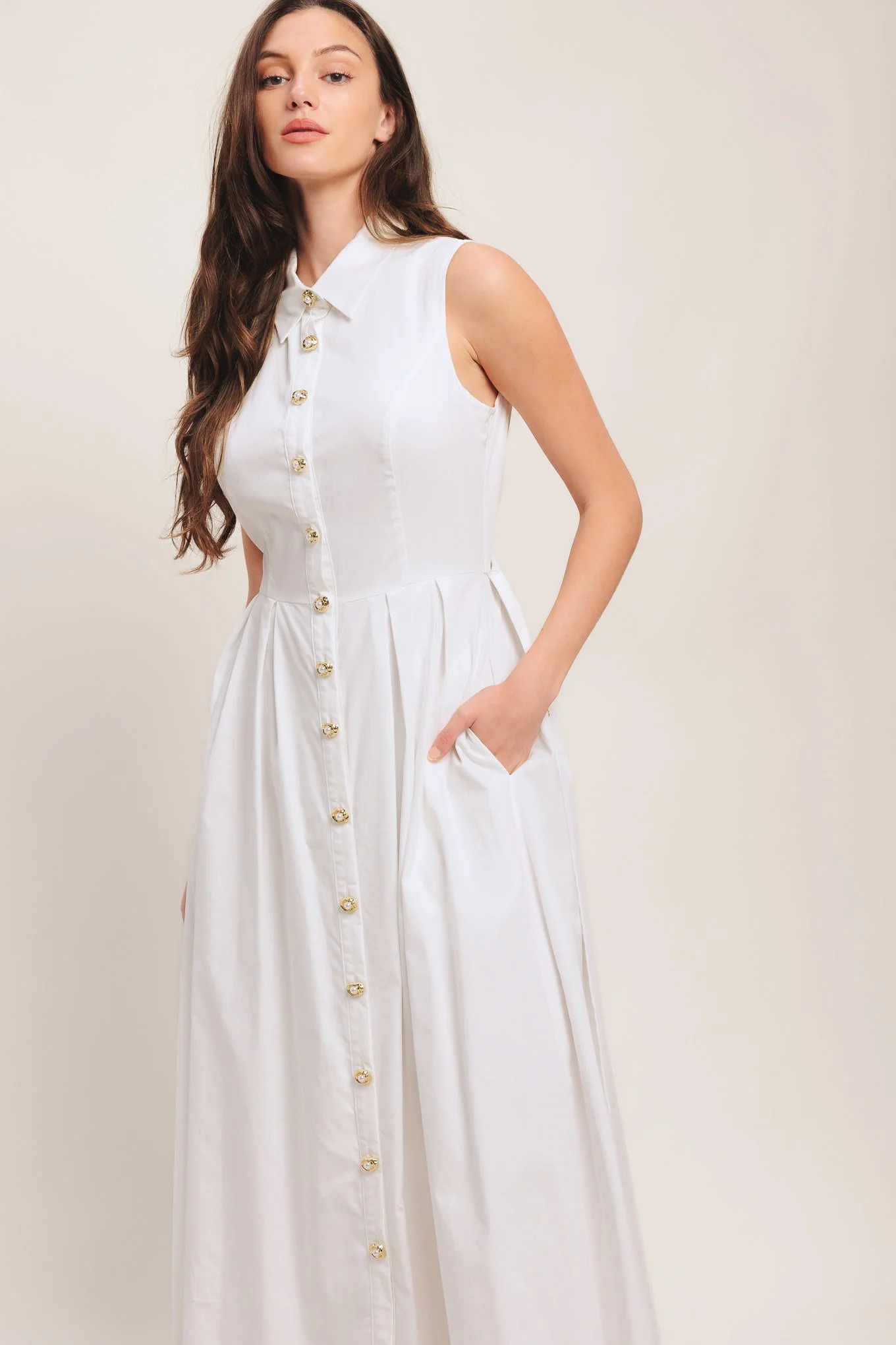 PEARL BUTTON DOWN WHITE MIDI DRESS - Image 5