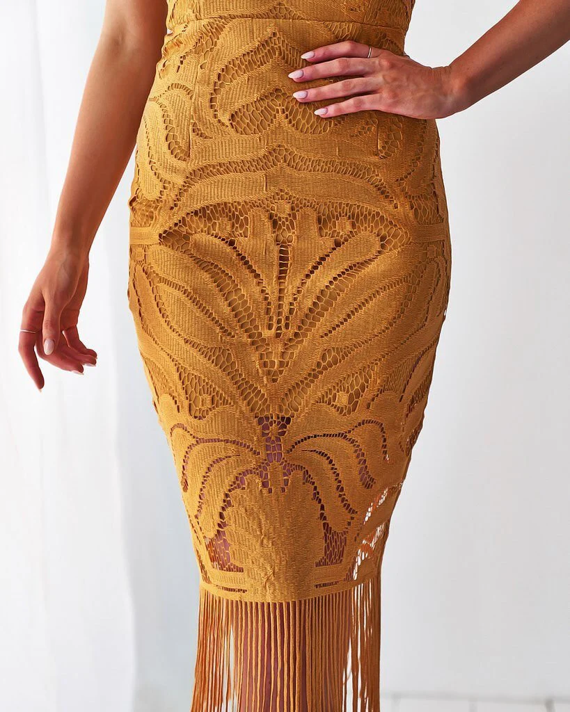 Khaleesi Dress - Mustard - Lace Dress With Fringe - Image 8