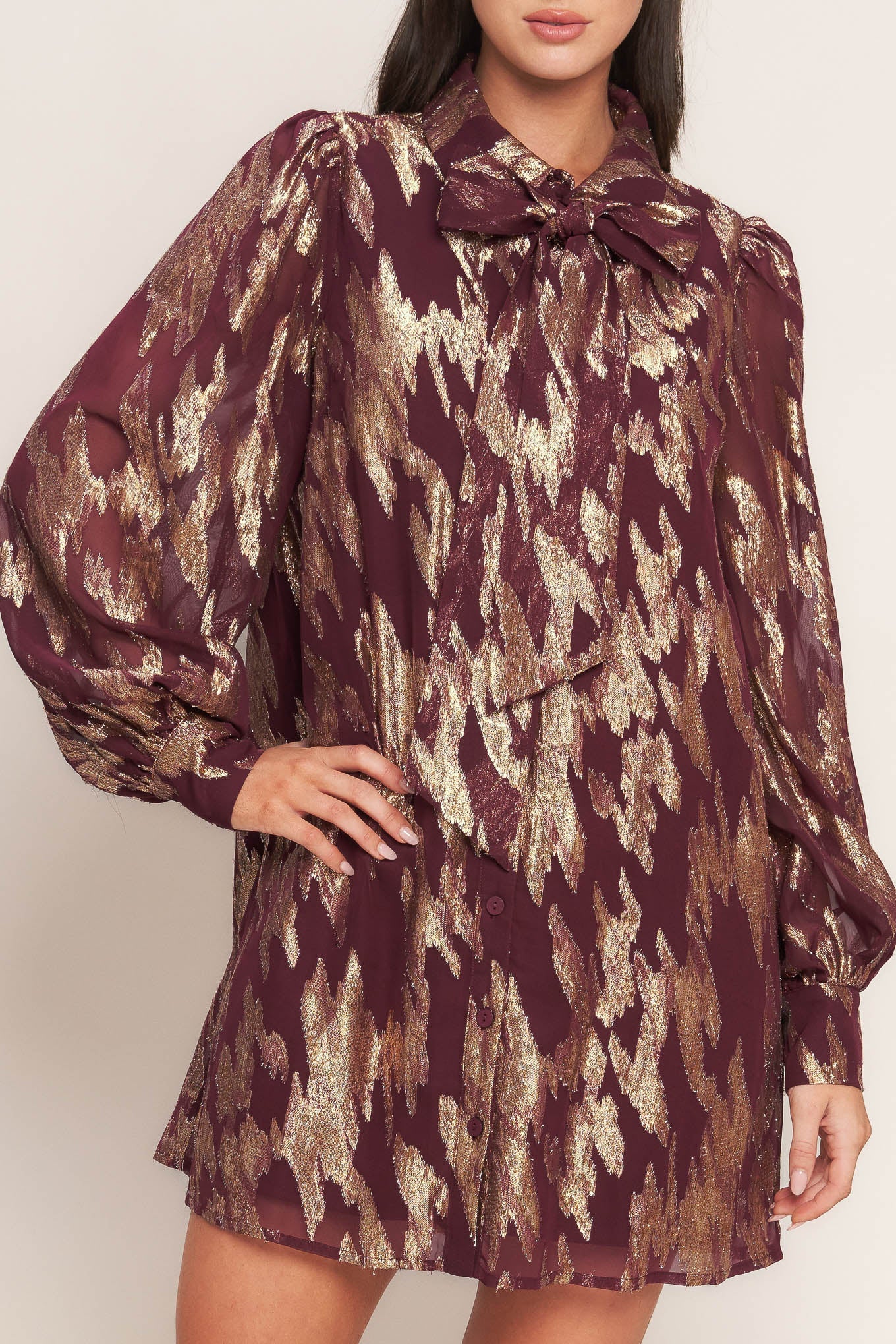 METALLIC MUSE BURGUNDY LONG SLEEVE MINI DRESS - Image 3