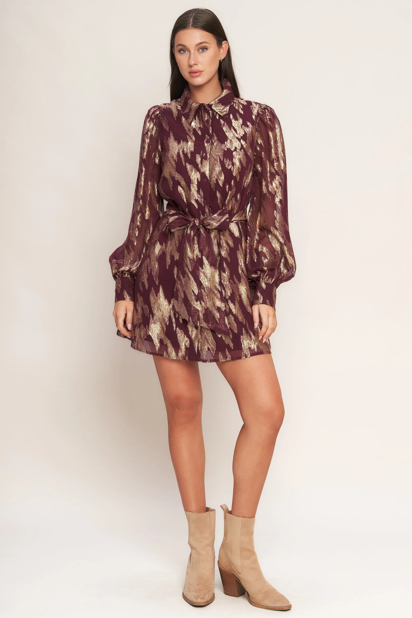 METALLIC MUSE BURGUNDY LONG SLEEVE MINI DRESS - Image 6