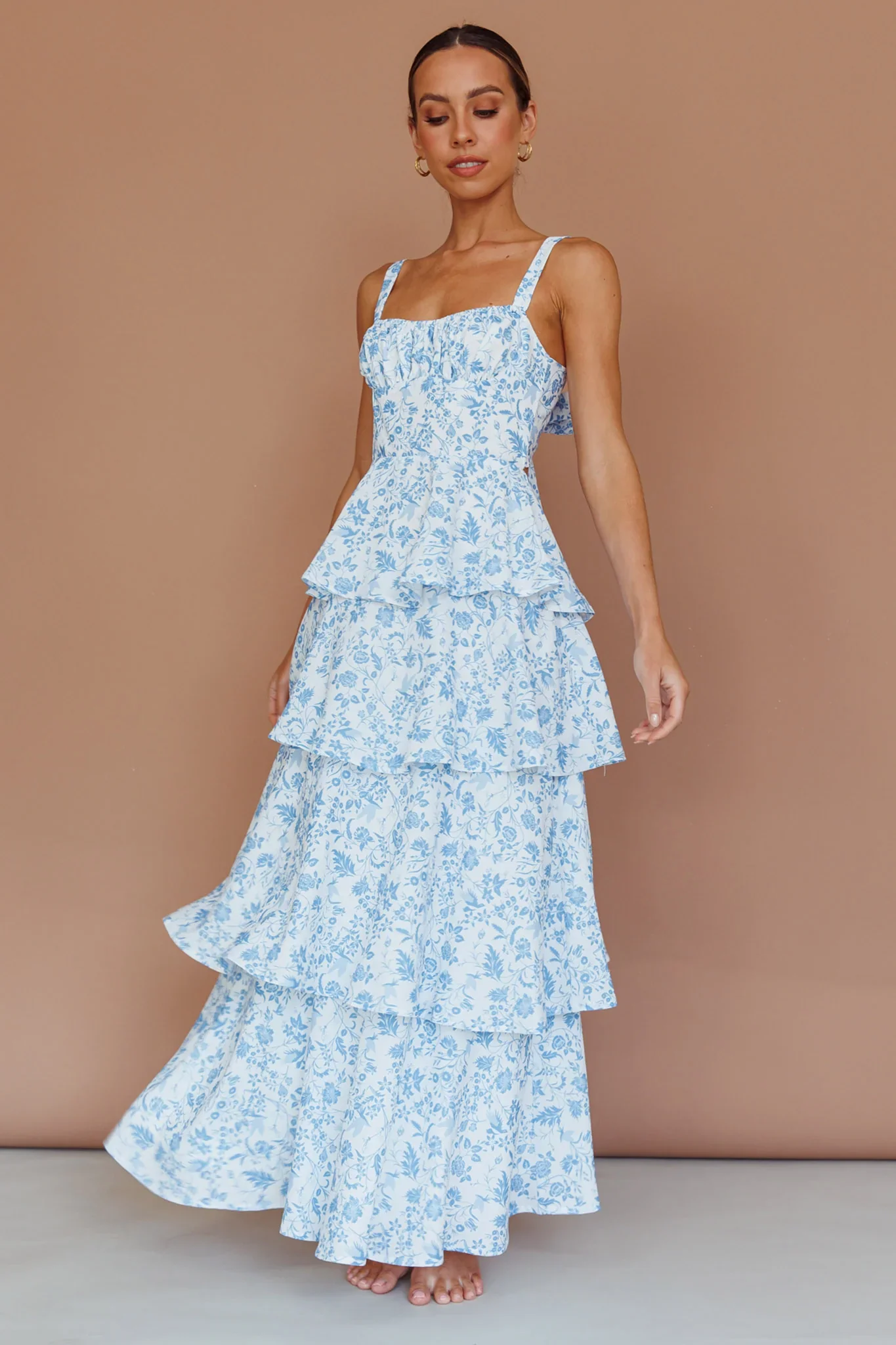 Molly Maxi Dress - Blue Floral Tiered Dress with Bow - Image 3