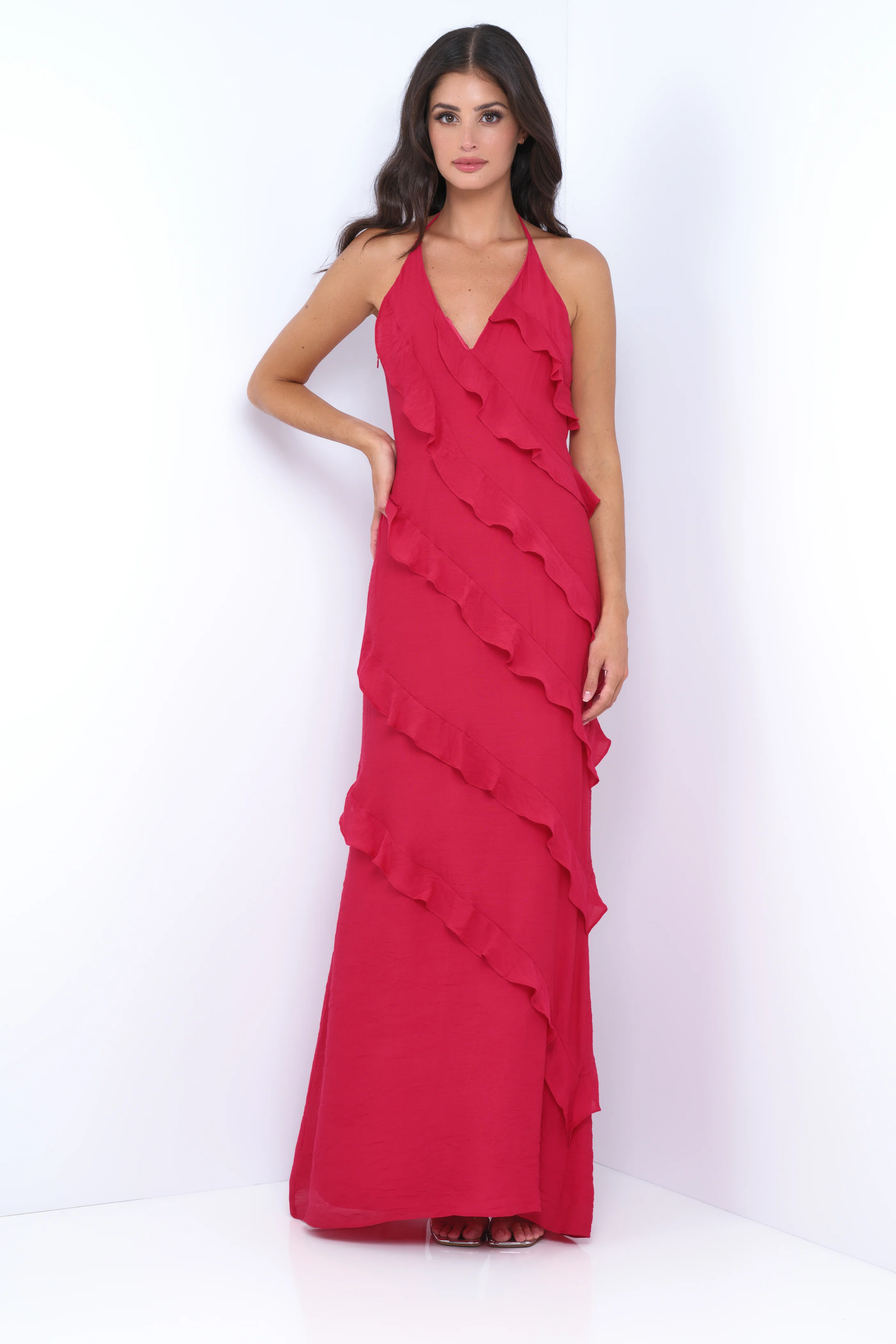 Remi Red Maxi Dress - Halter Neck, Open Back, Ruffle Detail - Image 6