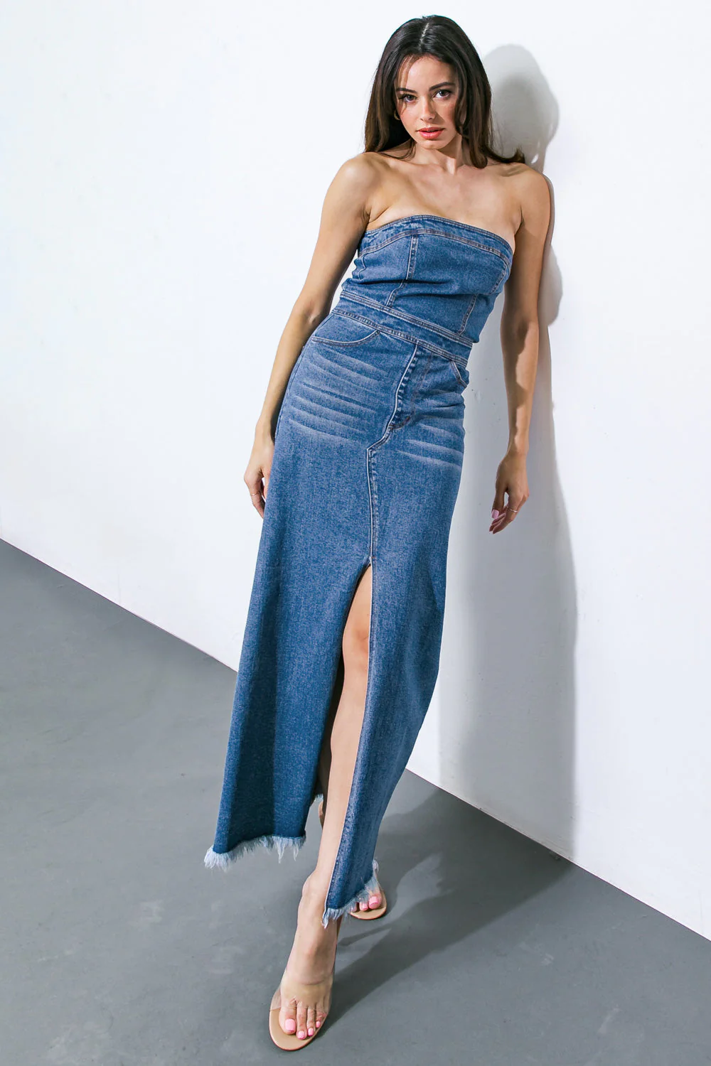 Roux Strapless Washed Denim Midi Dress - Image 3