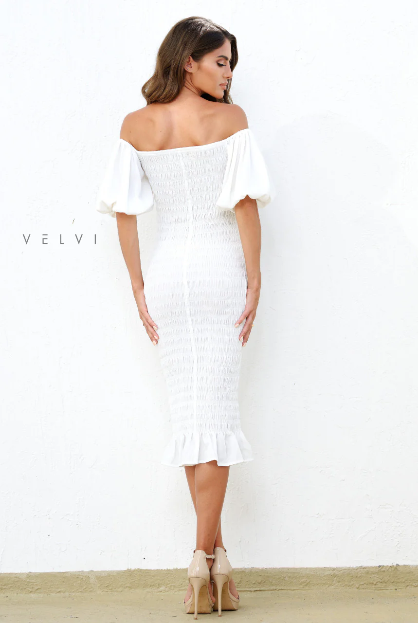 Skyla Shirred Midi Dress - WHITE - Image 11