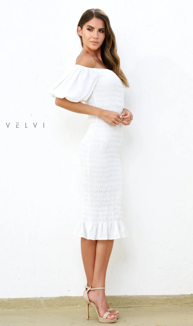 Skyla Shirred Midi Dress - WHITE - Image 4